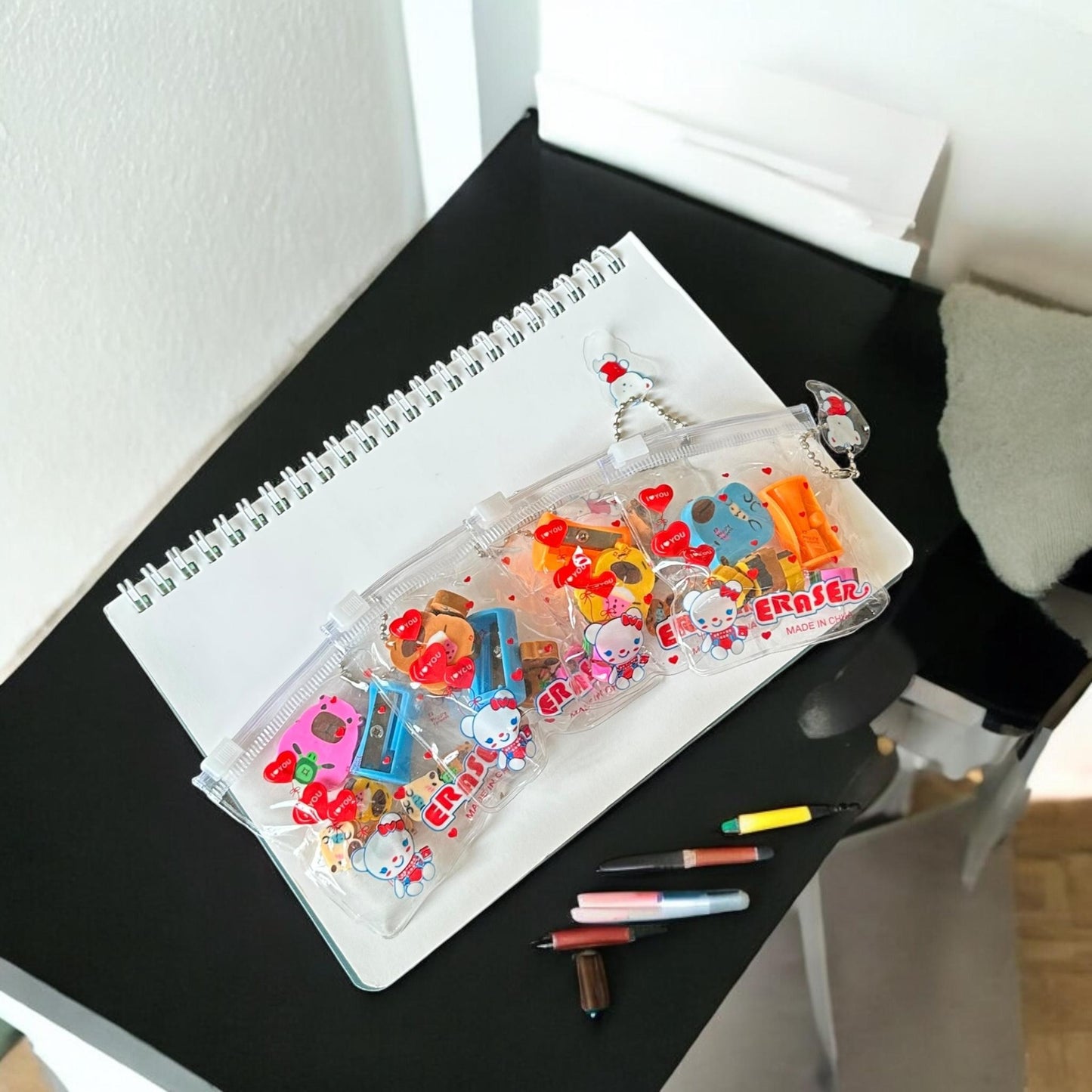 12 Sets de Papeleria Gomas y Sacapuntas $4.95 c/u