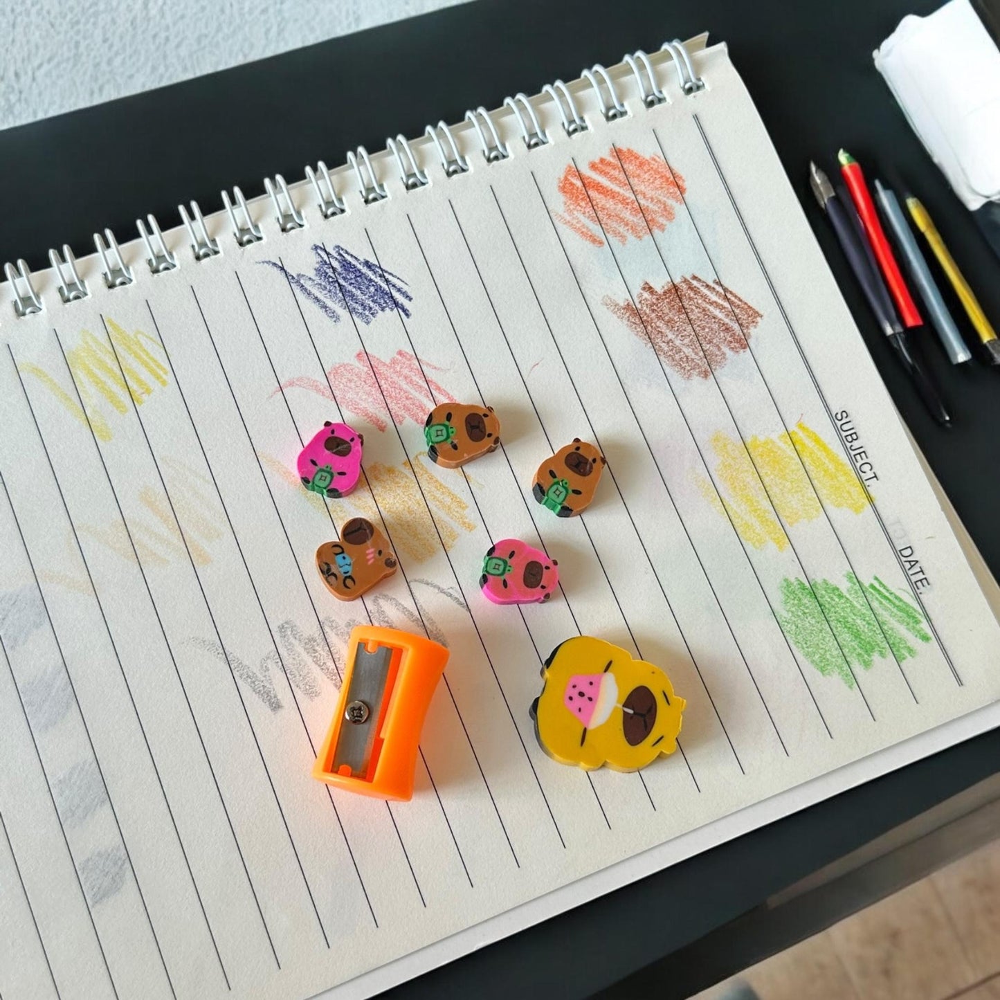 12 Sets de Papeleria Gomas y Sacapuntas $4.95 c/u