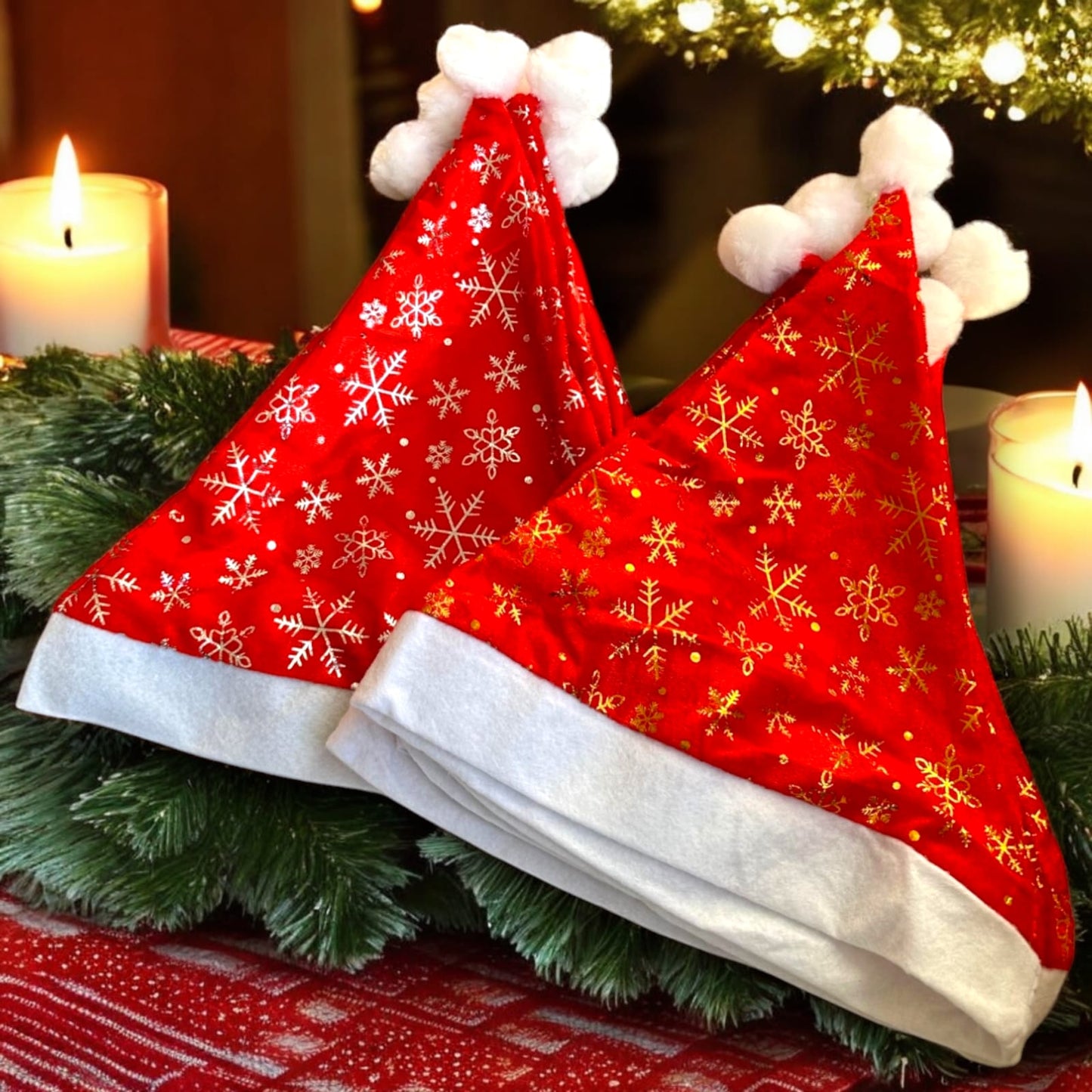 12 Gorros Navideño Decorado con copos de Nieve $9.2 c/u