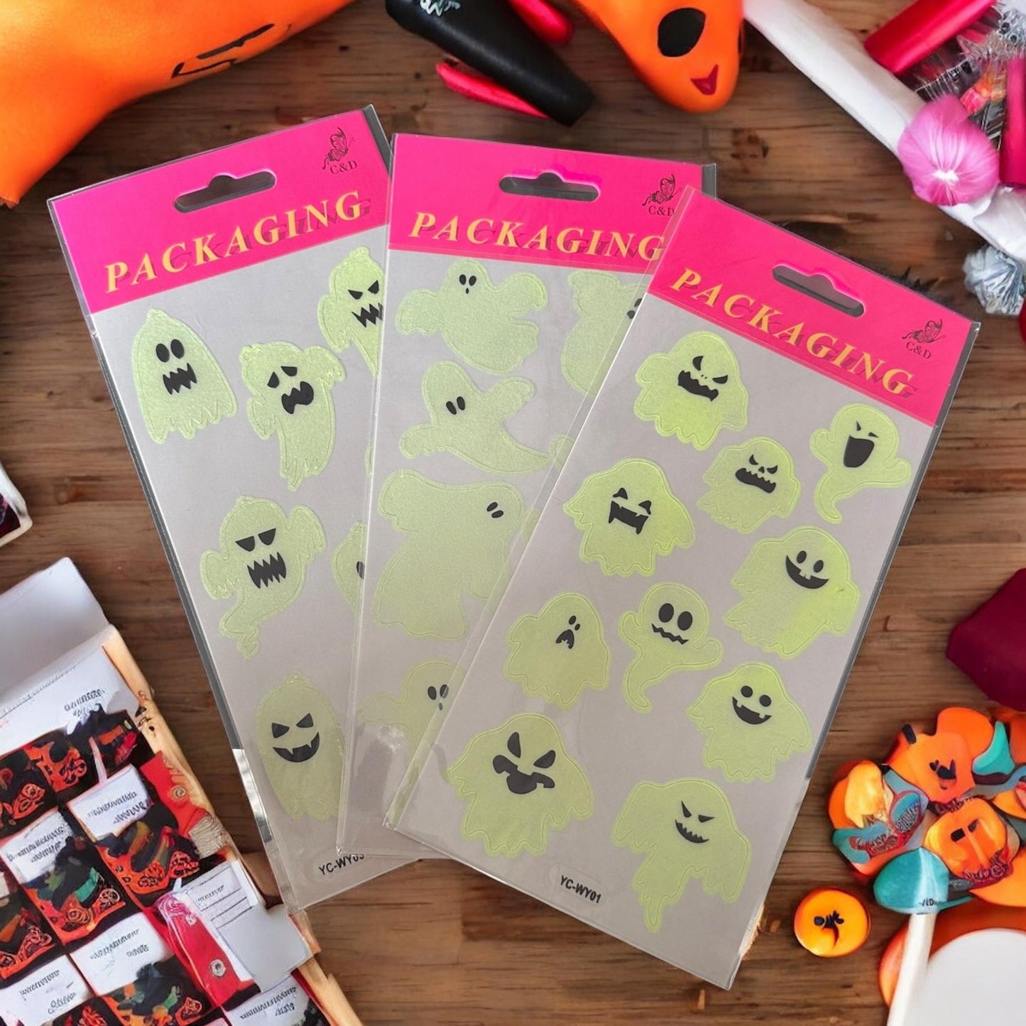 12 Stickers Fantasmas Halloween Fluorecentes $5.5 c/u