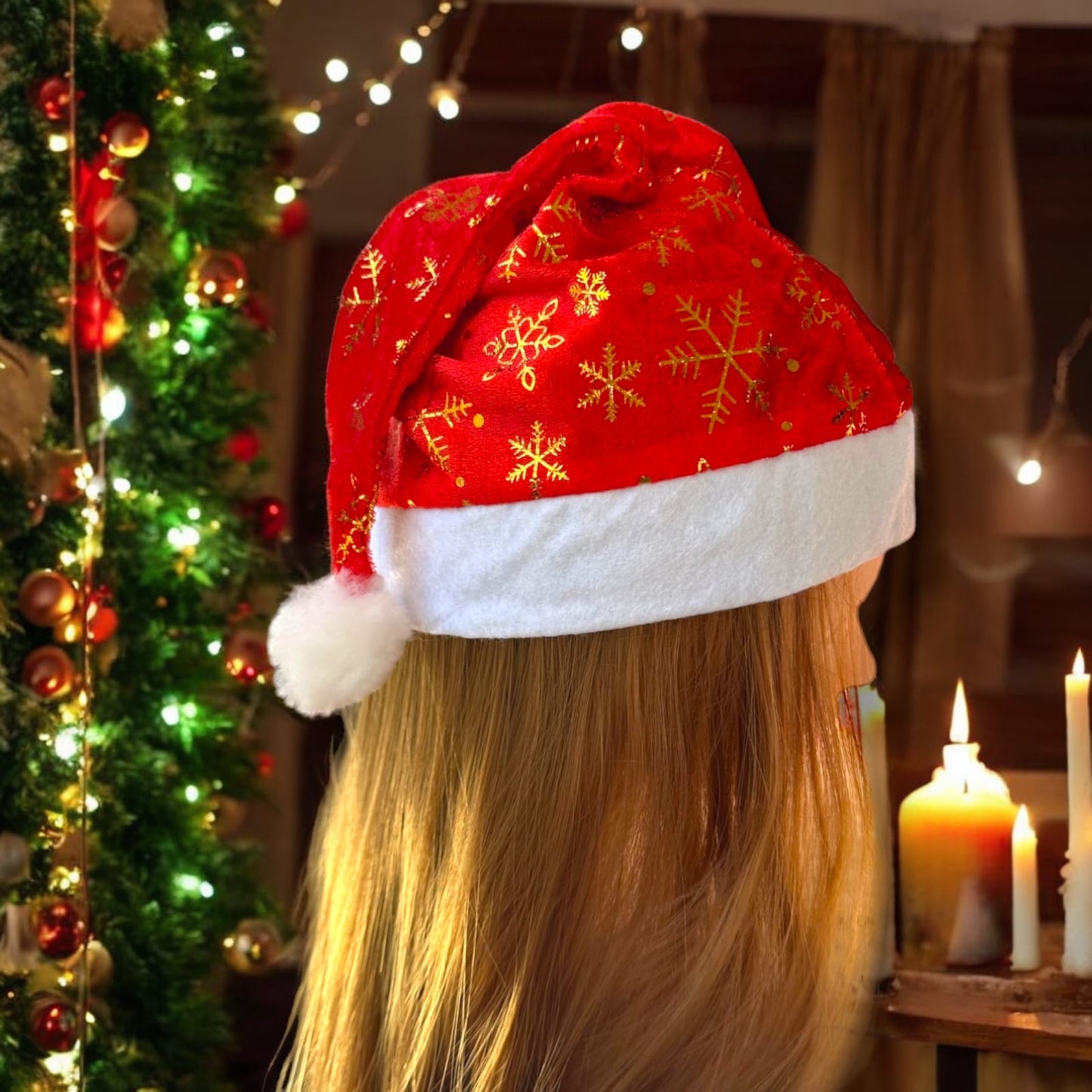 12 Gorros Navideño Decorado con copos de Nieve $9.2 c/u