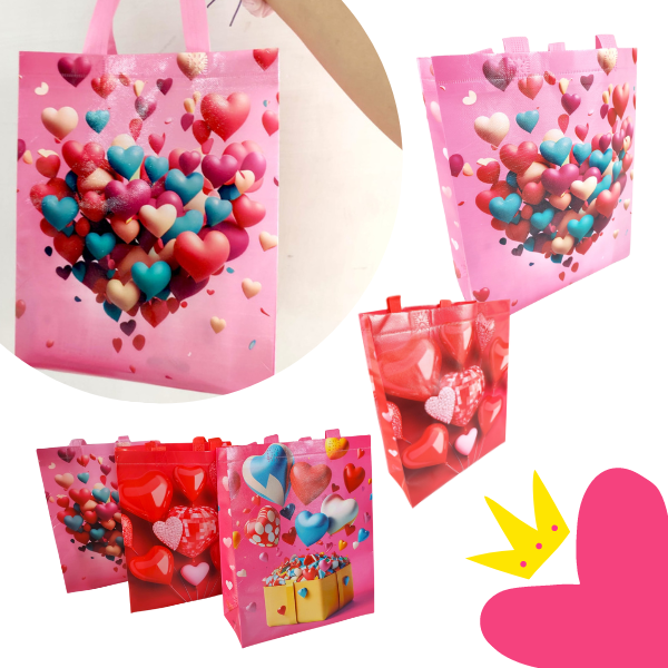 12 Bolsas G Reutilizables Decoradas con Corazones $8.5 c/u