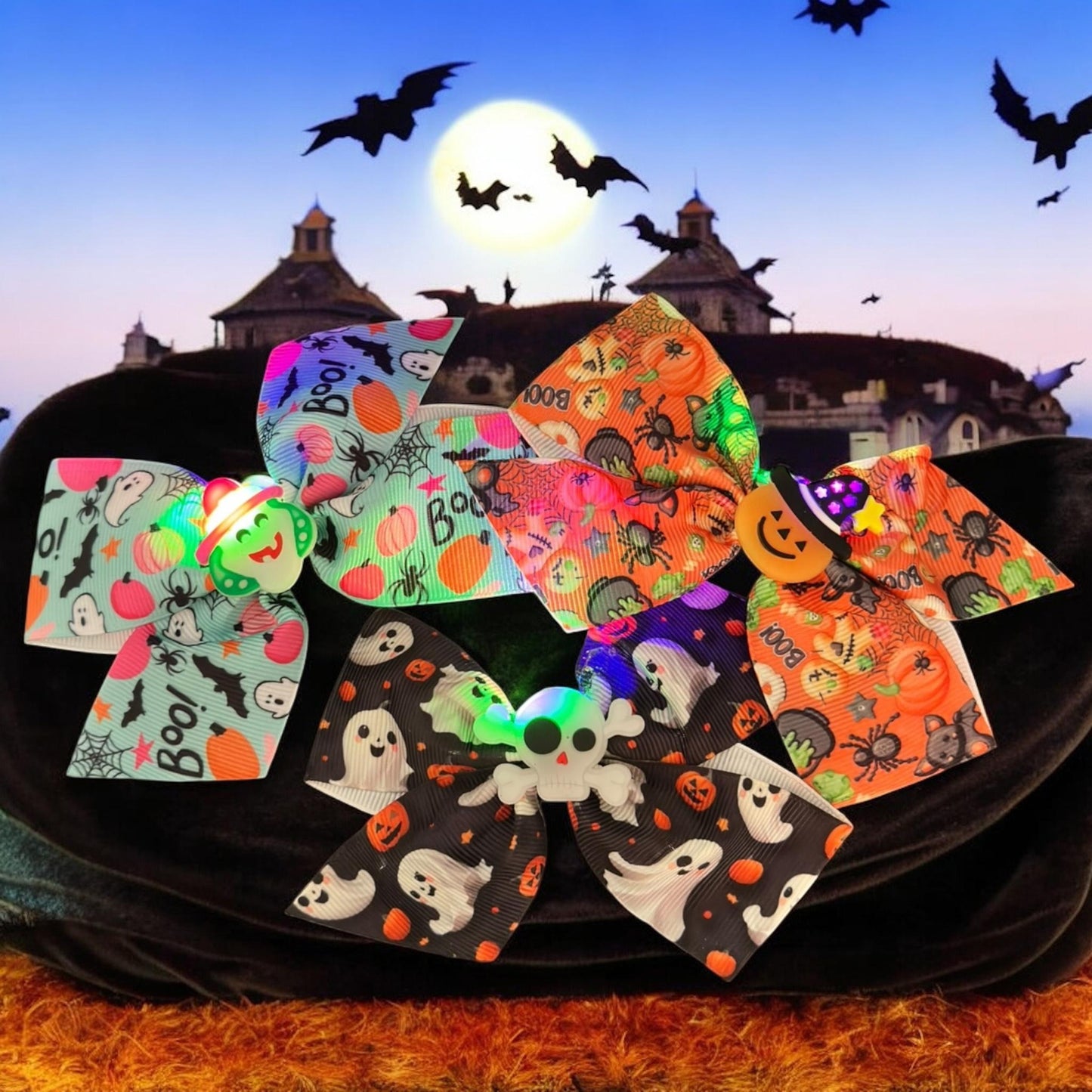 12 Moños Halloween Con Luces con Figurita $11.5 c/u