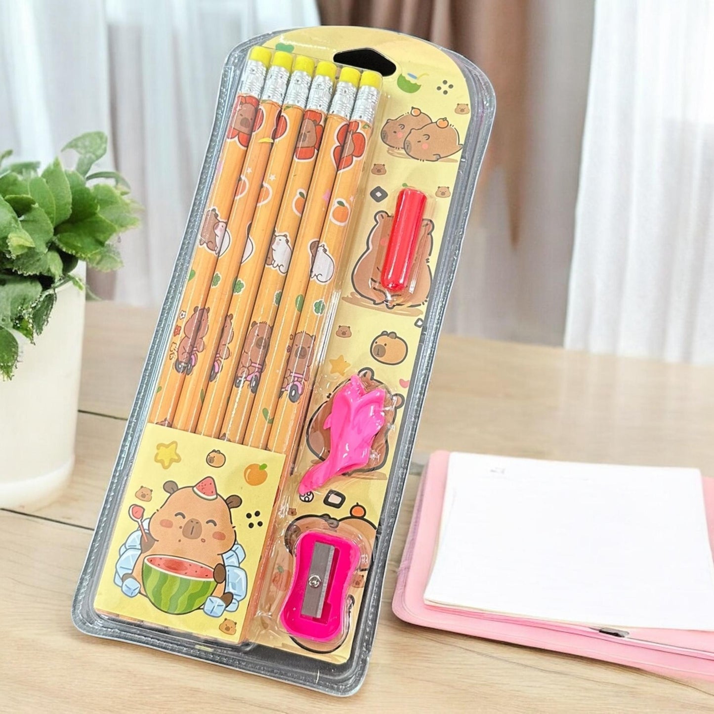 6 Sets Escolares Capibaras Lapices, Sacapuntas, Gomas $30 c/u