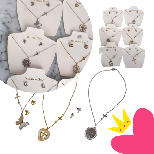 6 Sets de aretes con collares de acero $38C/U