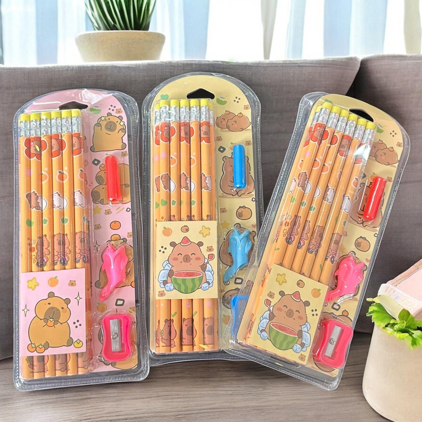 6 Sets Escolares Capibaras Lapices, Sacapuntas, Gomas $30 c/u