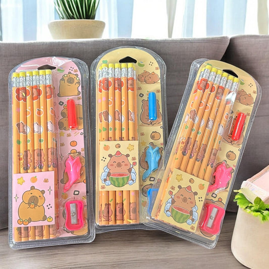 6 Sets Escolares Capibaras Lapices, Sacapuntas, Gomas $30 c/u