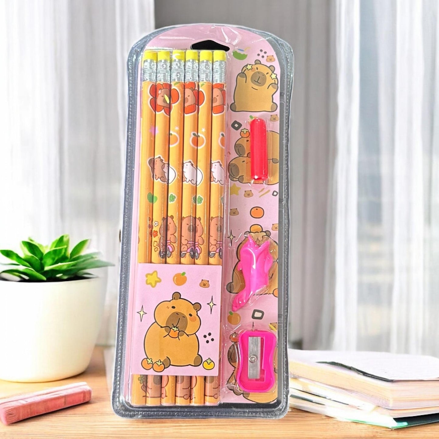 6 Sets Escolares Capibaras Lapices, Sacapuntas, Gomas $30 c/u