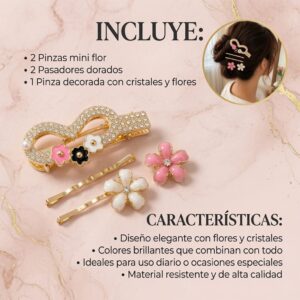 Sets de Accesorios, Flores pincitas Hermosas y pasadores Dorados Pedreria - Image 3