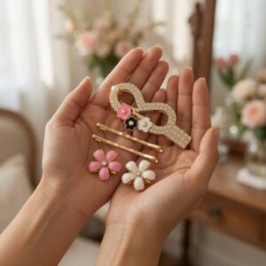 Sets de Accesorios, Flores pincitas Hermosas y pasadores Dorados Pedreria - Image 2